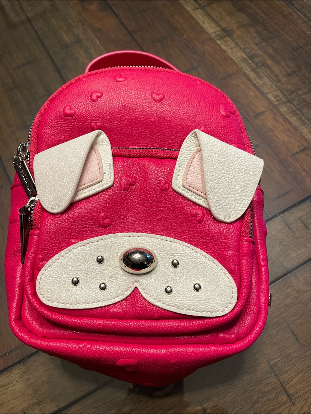 Betsey Johnson Hot Pink Mini Pug Face Backpack with White Accents